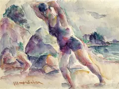 Raphael Soyer, Bathers on a shore, watercolor over pencil on paper