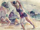 Raphael Soyer, Bathers on a shore, watercolor over pencil on paper