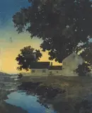 Maxfield Parrish, Farm house by a stream at dawn