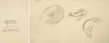 Paul Cézanne, Study of an upright with crossbar, c. 1877-1880; Studies of heads, ear, c. 1879 (double-sided), pencil on ocher paper