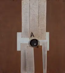 Eugenio Carmi, AH - ABC, 1965, mixed media assemblage on metal on panel