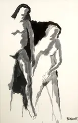 Robert H. Colescott, Untitled (Study of two figures), c. 1960, ink and ink wash on paper laid on illustration board