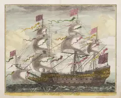 Engraving of a War Sailing Ship by Christoph Weigel, Around 1719, Coloured copper engraving, paper, sold Jun 2021