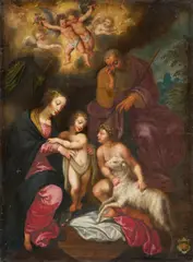 Flämische Schule, Die Heilige Familie mit dem Johannesknaben und Engeln, Öl auf Leinwand