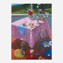 Paul Wonner, Pink Tablecloth, Flowers and Cheese, 1998, acrylic on canvas
