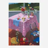 Paul Wonner, Pink Tablecloth, Flowers and Cheese, 1998, acrylic on canvas