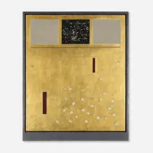 Eric Orr, Radio Play #9, 1987, gold leaf, transistor circuit boards, sand, and mixed media on panel in lead artist's frame