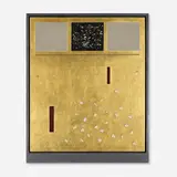 Eric Orr, Radio Play #9, 1987, gold leaf, transistor circuit boards, sand, and mixed media on panel in lead artist's frame