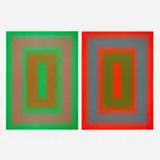 Richard Anuszkiewicz, Reflections II – Red Line; Reflections II – Green Line (two works from the Reflections series), 1979, screenprint with hand-painted acrylic on Masonite