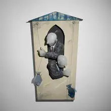 David Reekie, Fishing Around, 1991, cast, hot-worked and painted glass, cast and cold-worked glass, painted wood, steel, string