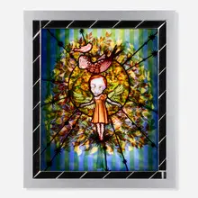Judith Schaechter, Ornithology, 2003, sandblasted, engraved and enameled stained glass, copper foil, veneered wood lightbox