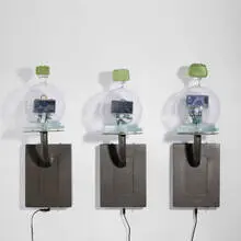 Tim Tate, She Was Often Gripped with the Desire to be Elsewhere, 2008, blown and cast glass, enameled steel, electronic component, and original video