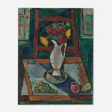 Emanuel Glicen Romano, Still Life (Flowers and Fruits on a table), oil on canvas