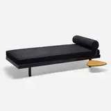 SCAL "Antony" daybed, model 450 by Jean Prouvé and Charlotte Perriand, c. 1952, enameled steel, upholstery, oak, leather, sold Dec 2022