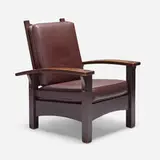 Early bow-arm Morris chair, model 336 by Gustav Stickley, c. 1904, oak, leather, cane, sold Dec 2022