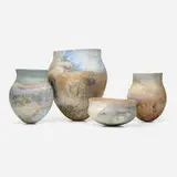 Elspeth Owen, Collection of four vessels, c. 2010, pinched clay, painted with slips, burnished and polished