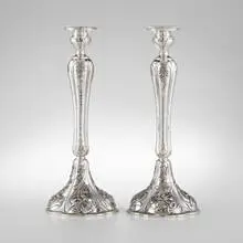 Candlesticks with orchids, pair by Clemens Friedell, hand-hammered sterling silver, weighted base, sold Dec 2022