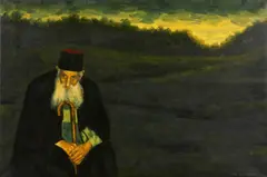 Meir Pichhadze, Portrait of a cleric in an atmospheric landscape, oil on canvas