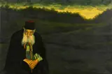 Meir Pichhadze, Portrait of a cleric in an atmospheric landscape, oil on canvas