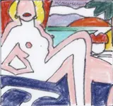Tom Wesselmann, Study for Seated Sunset Nude, 2002, ink and color pencil on tracing paper