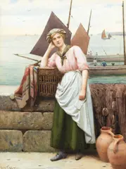 Ralph Todd, Fisher girl at Newlyn harbour, watercolour