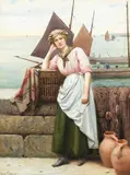 Ralph Todd, Fisher girl at Newlyn harbour, watercolour