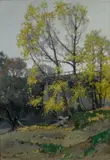 Trees and bridge by a river by Samuel John Lamorna Birch, R.A., R.W.S., R.W.A., oil on canvasboard, sold Nov 2009