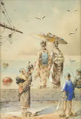 Robert Frederick Blum, Two Chinese street scenes; Chinese figures looking out from a harbor (A group of three), two signed 'R. Blum' (lower right); one signed 'R. Blum' (lower left)