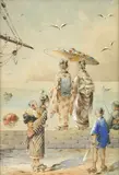 Robert Frederick Blum, Two Chinese street scenes; Chinese figures looking out from a harbor (A group of three)