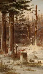 Meyer Straus, Rabbits in the snow, oil on canvas affixed to board