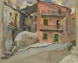 Jeanette Maxfield Lewis, A quiet street scene, oil on canvas board