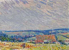 Rooftop and fields, Belgium by Joseph Raphael, 1919, oil on canvas, offered Aug 2009