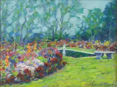 Garden in bloom by John W. Bentley, oil on canvas affixed to board, offered Aug 2009