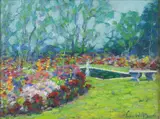 John W. Bentley, Garden in bloom, oil on canvas affixed to board