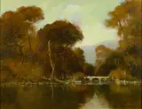 Albert DeRome, Bridge over a lake, oil on board