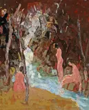 Bathers at a waterfall by Selden Connor Gile, oil on board, offered Aug 2009