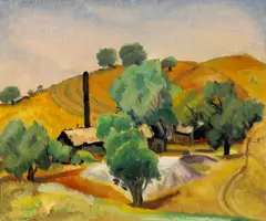 California ranch by Rinaldo Cuneo, oil on canvas board, sold Aug 2009
