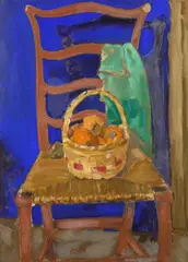 Clarence K. Hinkle, A basket of persimmons on a chair, gouache and watercolor on paper