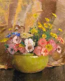 Laura Coombs Hills, Zinnias in a green bowl, c. 1935, pastel on paper