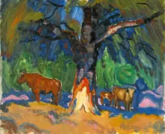 Cows under a sheltering tree by Harold Christopher Davies, oil on canvas, sold Aug 2009