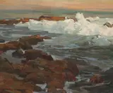 Waves breaking along a rocky coast by Edgar Alwin Payne, oil on canvas, sold Aug 2009