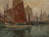 Fishing boats in a harbor by Edgar Alwin Payne, oil on canvas board, sold Aug 2009
