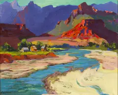 John Christopher Smith, Town by a river; A stand of trees (double sided), oil on board