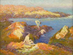 F. Carl Smith, 'Bathers amongst the rocks in a cove', oil on canvas affixed to board