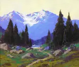 Ernest Henry Pohl, Blue mountains above a lake, pastel on paper