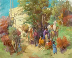 Vladan Stiha, Indian family setting up camp, oil on canvas