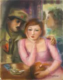Gaston Longchamp, Officer chatting up a lady, pastel on paper