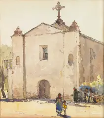 Figures outside a church by Millard Sheets, watercolor on paper, sold Aug 2009
