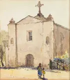 Millard Sheets, Figures outside a church, watercolor on paper