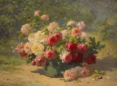 Abbott Fuller Graves, A Mixed Bouquet of Roses in a Green Barrel 30 x 40in